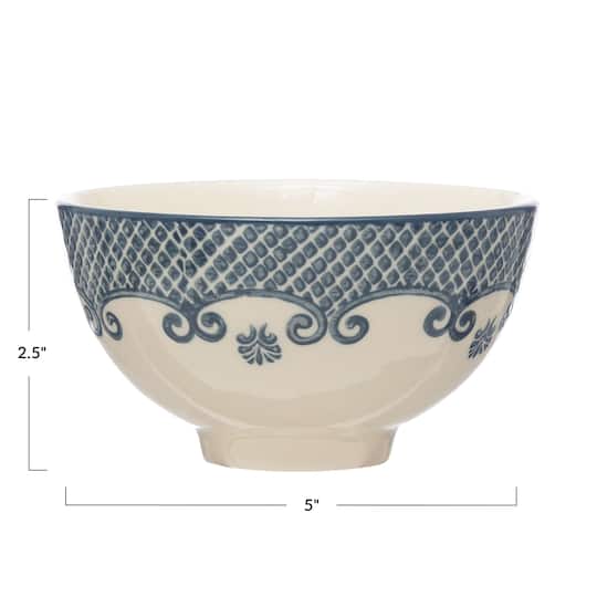 Hello Honey® Cream & Blue Patterned Hand Stamped Stoneware Bowl Set